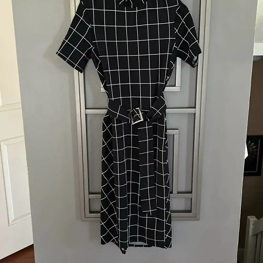 Zara black and white classy Check fitted stretch dress knit mock turtleneck ￼si